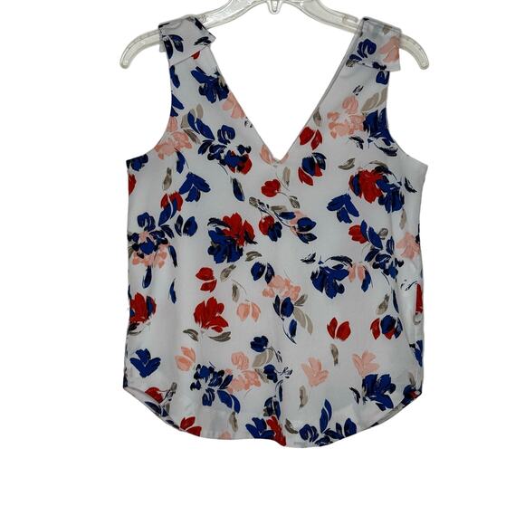 Banana Republic Printed Crepe V-Neck Tank Top White Blue Red Size Small Petite - Picture 2 of 6